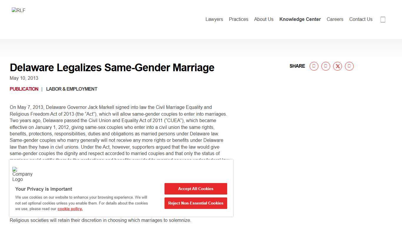 Delaware Legalizes Same-Gender Marriage - Richards, Layton & Finger