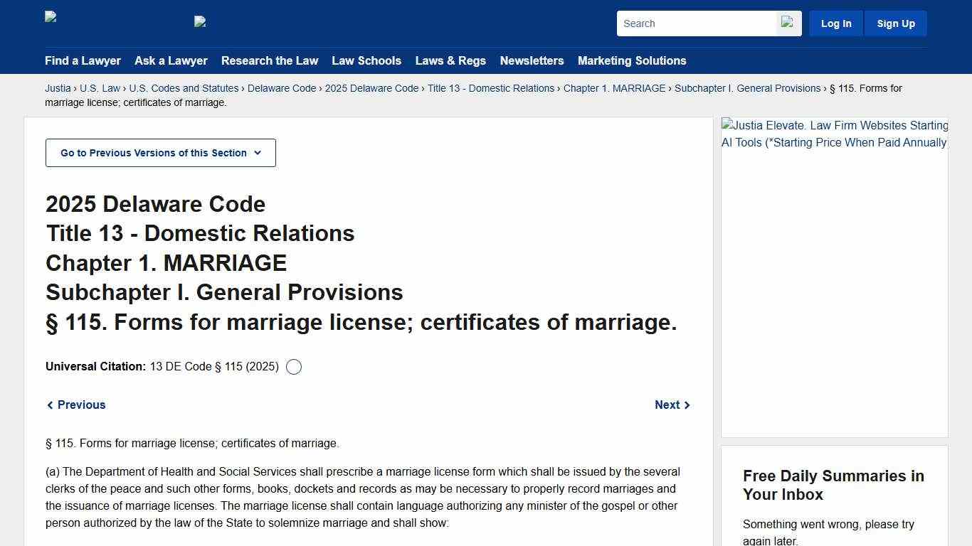 13 Delaware Code § 115 (2025) - Forms for marriage license; certificates of marriage. :: 2025 Delaware Code :: U.S. Codes and Statutes :: U.S. Law :: Justia